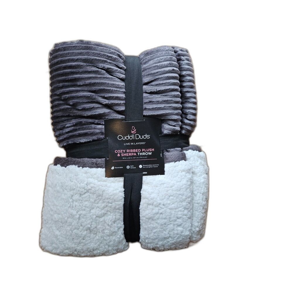 NEW Cuddl Duds Dark Gray Cozy Ribbed Plush & Sherpa Throw 50" x 60"
